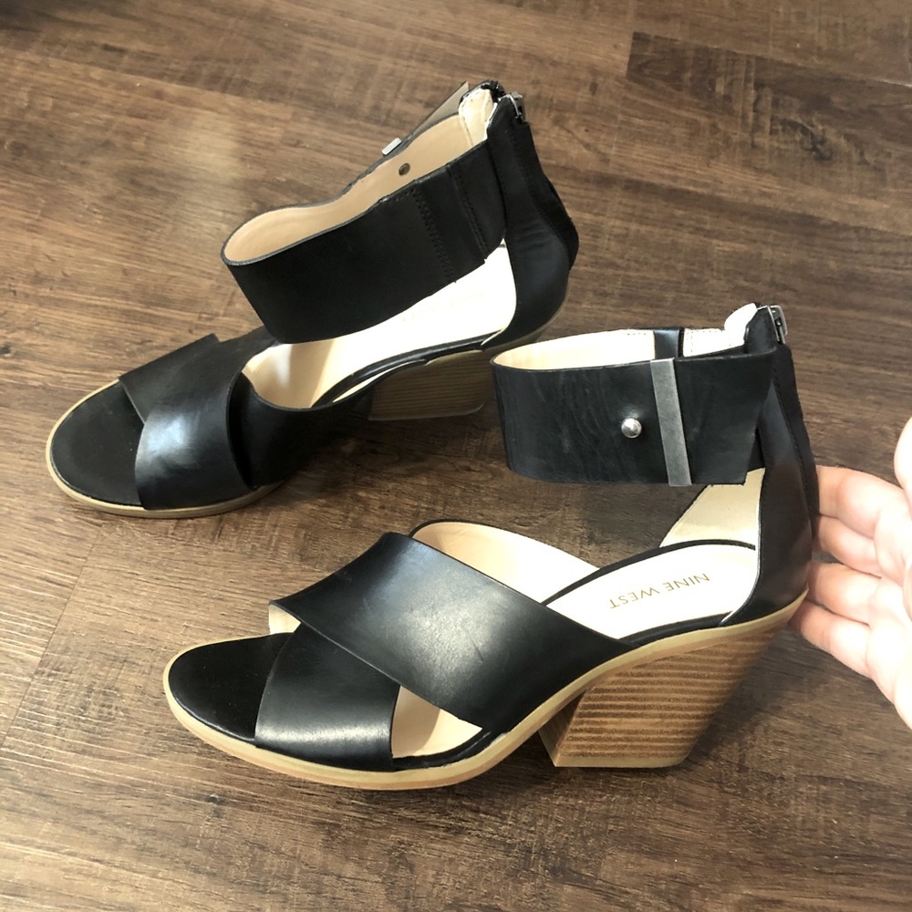 Nine West Black Ankle Strap Block Heel Shoes 8.5 M